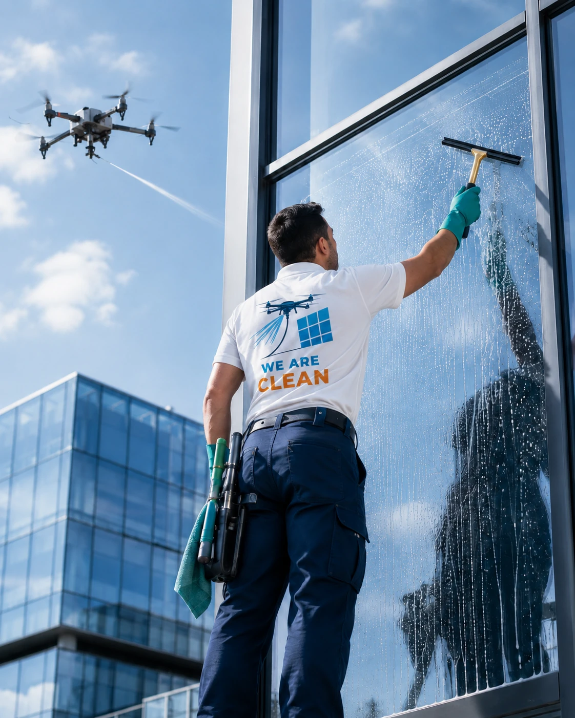 We Are Clean ekibi bir iş merkezinin cam cephesini temizlerken, üstte temizlik dronu